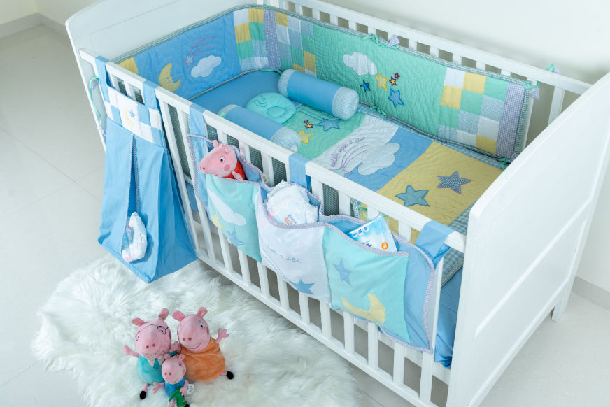Sweet Lullaby - 9 pc Bedding Set - Comforter| Cot Bumper |Cot Sheet | Baby Pillow | 2 Bolsters | Diaper Stacker | 3-Pocket Cot Organizer | Toiletry Kit