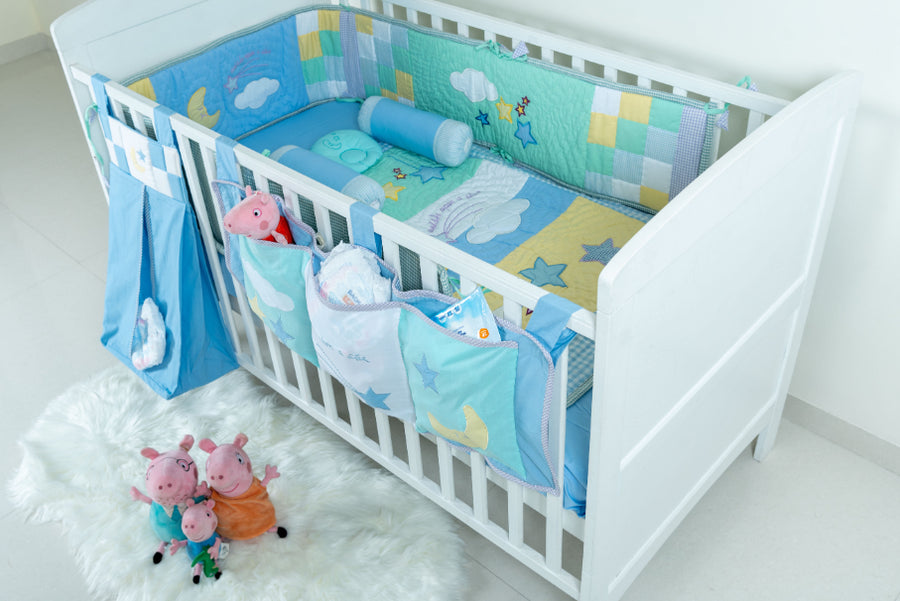 Sweet Lullaby - 9 pc Bedding Set - Comforter| Cot Bumper |Cot Sheet | Baby Pillow | 2 Bolsters | Diaper Stacker | 3-Pocket Cot Organizer | Toiletry Kit